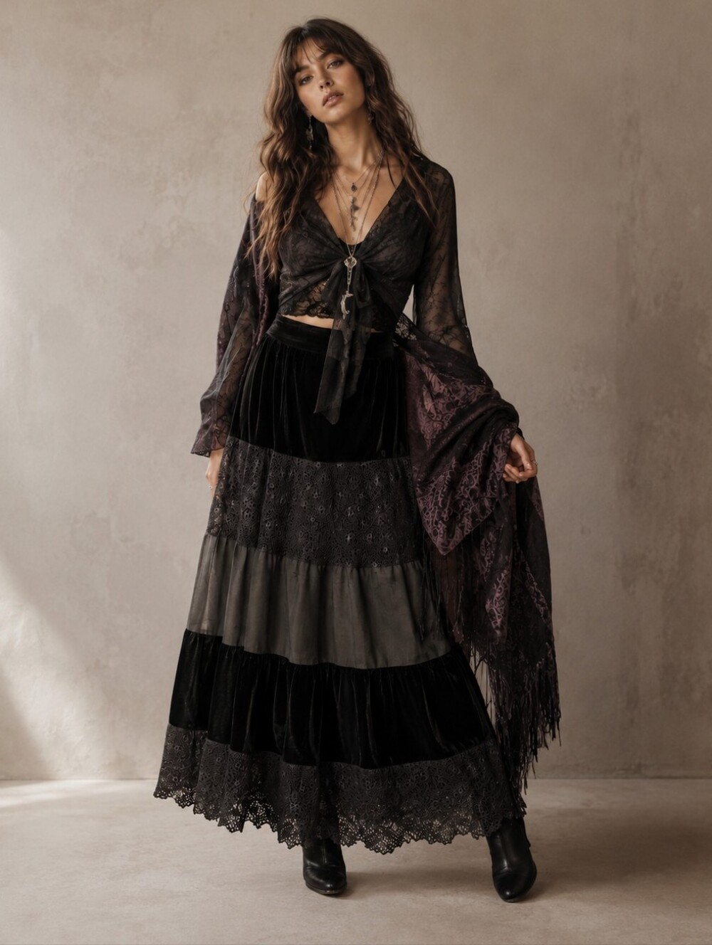 Vintage Tanjay Tiered Velvet Lace Maxi Skirt Size M Black Whimsigoth Boho